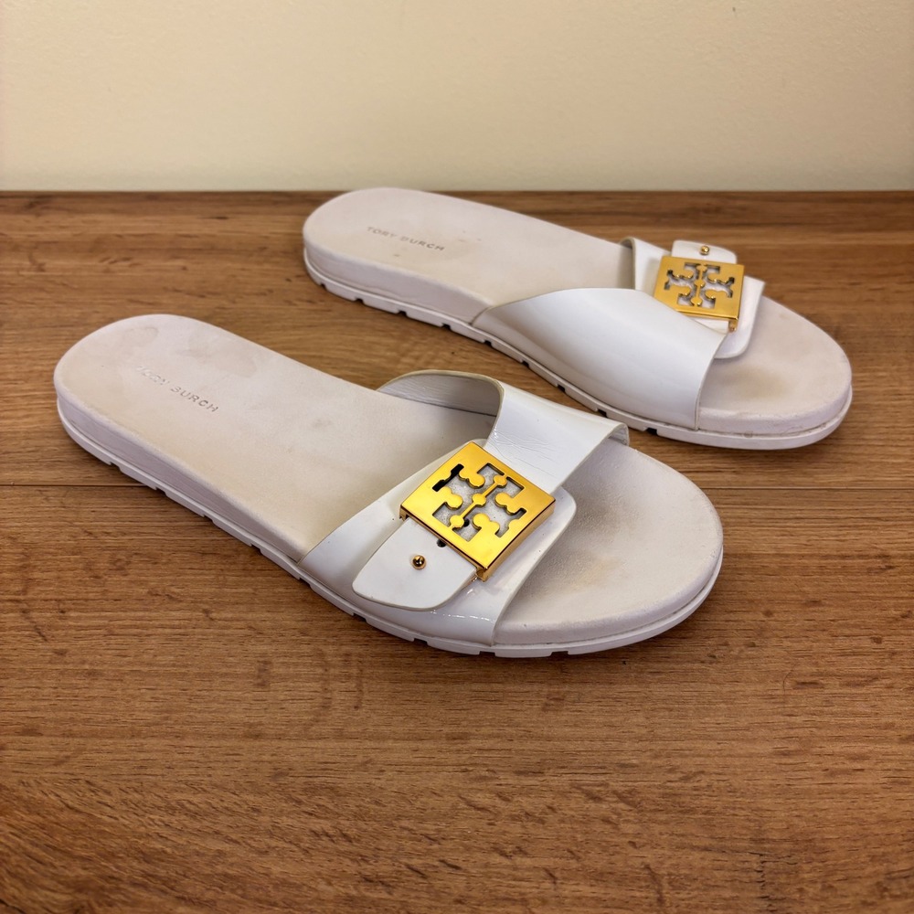 TORY BURCH Mellow Slide Sandals White Gold Metal Buckle Women Size 8 Flat Casual